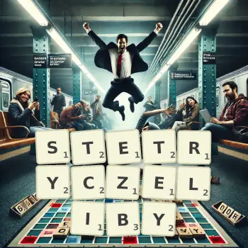 Kreatywna ilustracja do gry w Scrabble ze słowem STETRYCZELIBY ułożonym z płytek na planszy.
