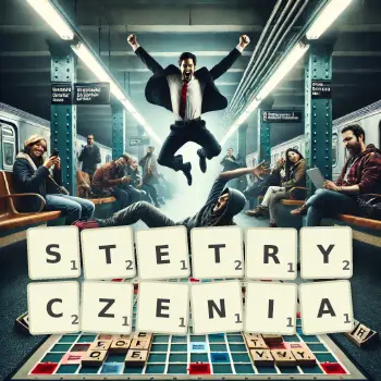 Kreatywna ilustracja do gry w Scrabble ze słowem STETRYCZENIA ułożonym z płytek na planszy.