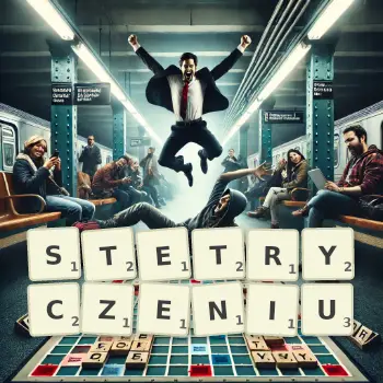 Kreatywna ilustracja do gry w Scrabble ze słowem STETRYCZENIU ułożonym z płytek na planszy.