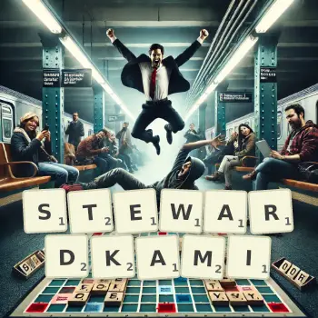 Kreatywna ilustracja do gry w Scrabble ze słowem STEWARDKAMI ułożonym z płytek na planszy.