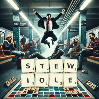 Kreatywna ilustracja do gry w Scrabble ze słowem STEWIOLE ułożonym z płytek na planszy.