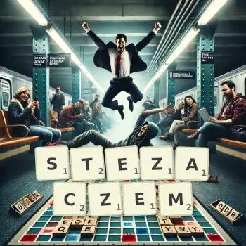 Kreatywna ilustracja do gry w Scrabble ze słowem STEZACZEM ułożonym z płytek na planszy.