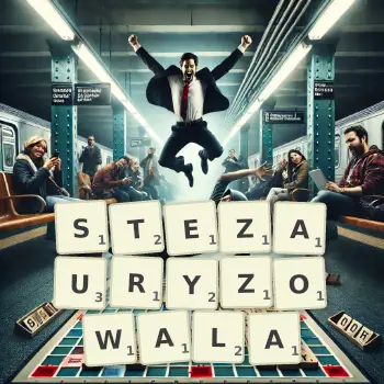 Kreatywna ilustracja do gry w Scrabble ze słowem STEZAURYZOWALA ułożonym z płytek na planszy.