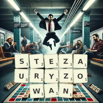 Kreatywna ilustracja do gry w Scrabble ze słowem STEZAURYZOWAN ułożonym z płytek na planszy.