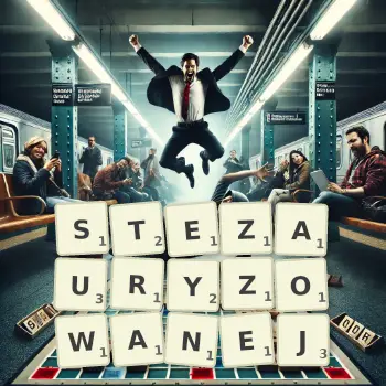 Kreatywna ilustracja do gry w Scrabble ze słowem STEZAURYZOWANEJ ułożonym z płytek na planszy.