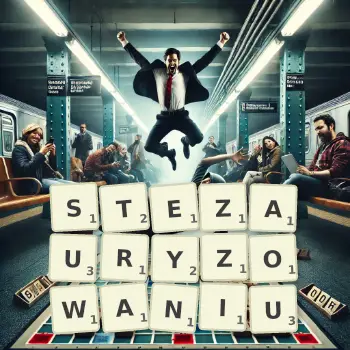 Kreatywna ilustracja do gry w Scrabble ze słowem STEZAURYZOWANIU ułożonym z płytek na planszy.