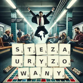 Kreatywna ilustracja do gry w Scrabble ze słowem STEZAURYZOWANY ułożonym z płytek na planszy.