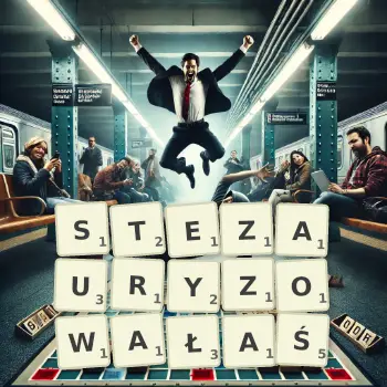 Kreatywna ilustracja do gry w Scrabble ze słowem STEZAURYZOWAŁAŚ ułożonym z płytek na planszy.