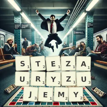 Kreatywna ilustracja do gry w Scrabble ze słowem STEZAURYZUJEMY ułożonym z płytek na planszy.