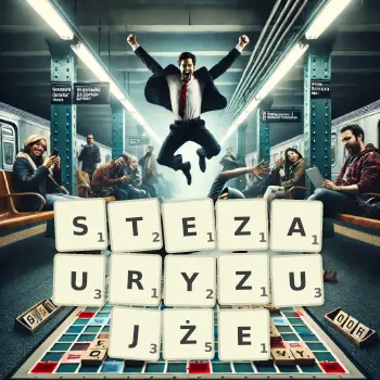 Kreatywna ilustracja do gry w Scrabble ze słowem STEZAURYZUJŻE ułożonym z płytek na planszy.