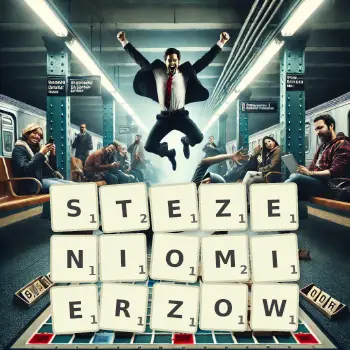 Kreatywna ilustracja do gry w Scrabble ze słowem STEZENIOMIERZOW ułożonym z płytek na planszy.
