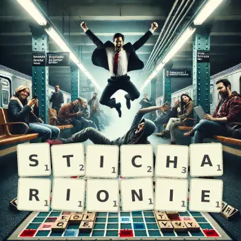 Kreatywna ilustracja do gry w Scrabble ze słowem STICHARIONIE ułożonym z płytek na planszy.