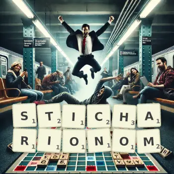 Kreatywna ilustracja do gry w Scrabble ze słowem STICHARIONOM ułożonym z płytek na planszy.