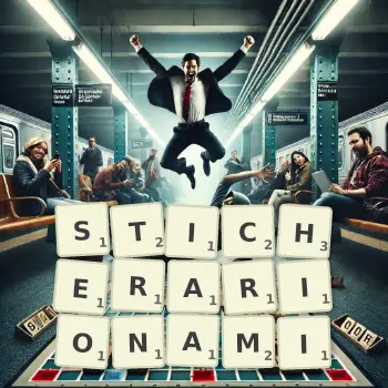 Kreatywna ilustracja do gry w Scrabble ze słowem STICHERARIONAMI ułożonym z płytek na planszy.
