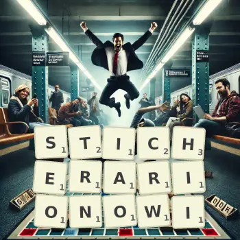 Kreatywna ilustracja do gry w Scrabble ze słowem STICHERARIONOWI ułożonym z płytek na planszy.