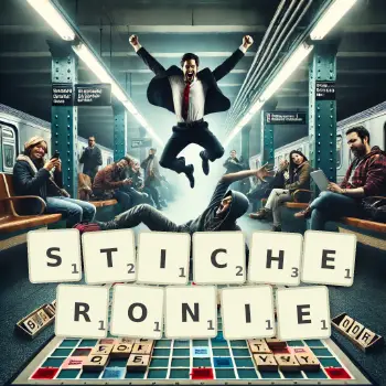 Kreatywna ilustracja do gry w Scrabble ze słowem STICHERONIE ułożonym z płytek na planszy.