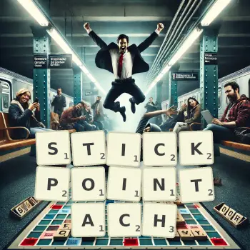 Kreatywna ilustracja do gry w Scrabble ze słowem STICKPOINTACH ułożonym z płytek na planszy.