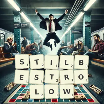 Kreatywna ilustracja do gry w Scrabble ze słowem STILBESTROLOW ułożonym z płytek na planszy.