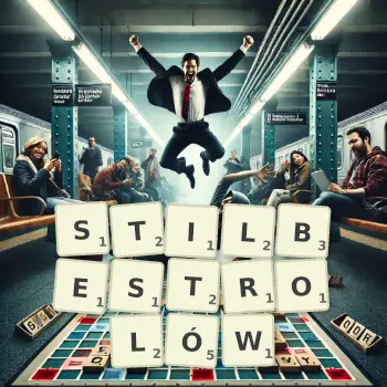 Kreatywna ilustracja do gry w Scrabble ze słowem STILBESTROLÓW ułożonym z płytek na planszy.