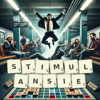 Kreatywna ilustracja do gry w Scrabble ze słowem STIMULANSIE ułożonym z płytek na planszy.