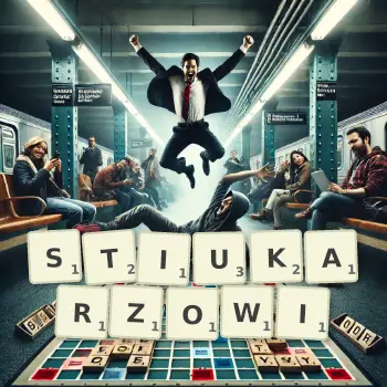 Kreatywna ilustracja do gry w Scrabble ze słowem STIUKARZOWI ułożonym z płytek na planszy.