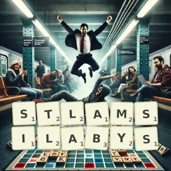 Kreatywna ilustracja do gry w Scrabble ze słowem STLAMSILABYS ułożonym z płytek na planszy.