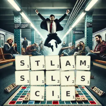Kreatywna ilustracja do gry w Scrabble ze słowem STLAMSILYSCIE ułożonym z płytek na planszy.
