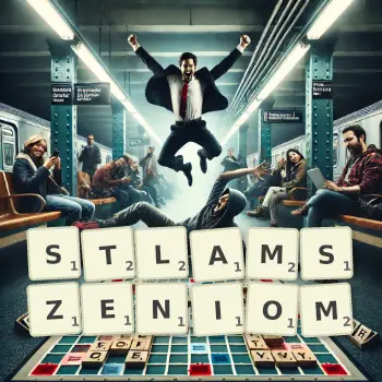 Kreatywna ilustracja do gry w Scrabble ze słowem STLAMSZENIOM ułożonym z płytek na planszy.