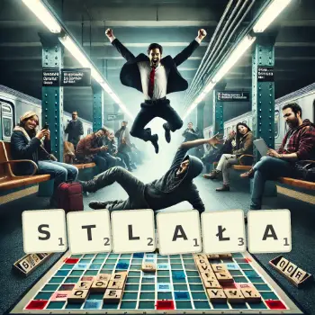 Kreatywna ilustracja do gry w Scrabble ze słowem STLAŁA ułożonym z płytek na planszy.