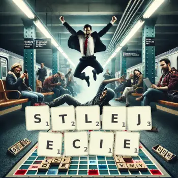 Kreatywna ilustracja do gry w Scrabble ze słowem STLEJECIE ułożonym z płytek na planszy.