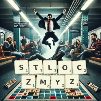 Kreatywna ilustracja do gry w Scrabble ze słowem STLOCZMYZ ułożonym z płytek na planszy.
