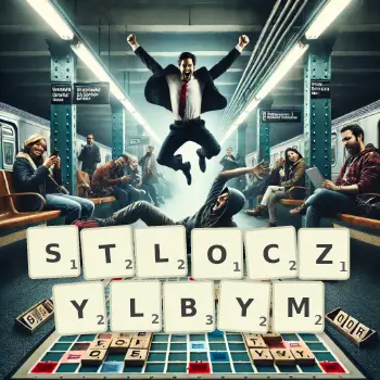 Kreatywna ilustracja do gry w Scrabble ze słowem STLOCZYLBYM ułożonym z płytek na planszy.
