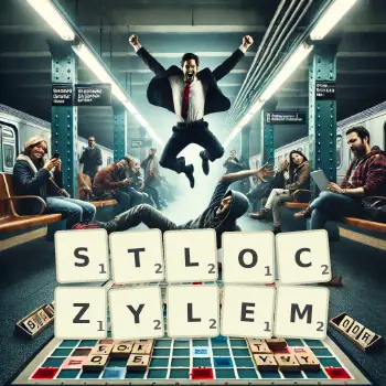 Kreatywna ilustracja do gry w Scrabble ze słowem STLOCZYLEM ułożonym z płytek na planszy.