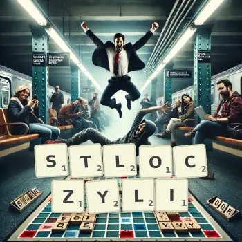 Kreatywna ilustracja do gry w Scrabble ze słowem STLOCZYLI ułożonym z płytek na planszy.