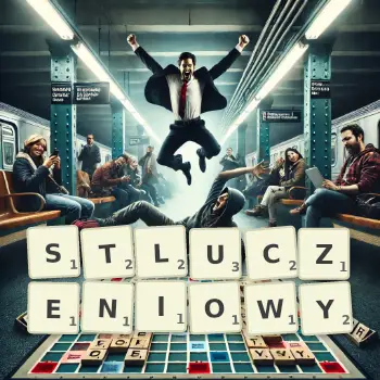 Kreatywna ilustracja do gry w Scrabble ze słowem STLUCZENIOWY ułożonym z płytek na planszy.