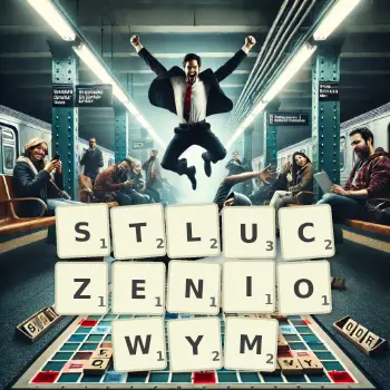 Kreatywna ilustracja do gry w Scrabble ze słowem STLUCZENIOWYM ułożonym z płytek na planszy.