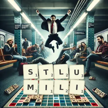 Kreatywna ilustracja do gry w Scrabble ze słowem STLUMILI ułożonym z płytek na planszy.