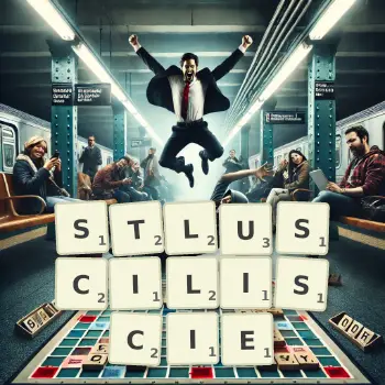 Kreatywna ilustracja do gry w Scrabble ze słowem STLUSCILISCIE ułożonym z płytek na planszy.