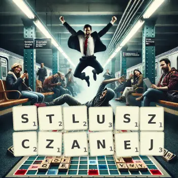 Kreatywna ilustracja do gry w Scrabble ze słowem STLUSZCZANEJ ułożonym z płytek na planszy.