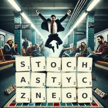 Kreatywna ilustracja do gry w Scrabble ze słowem STOCHASTYCZNEGO ułożonym z płytek na planszy.