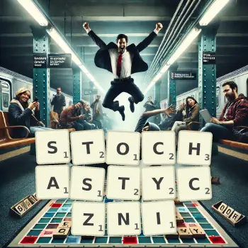 Kreatywna ilustracja do gry w Scrabble ze słowem STOCHASTYCZNI ułożonym z płytek na planszy.