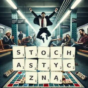 Kreatywna ilustracja do gry w Scrabble ze słowem STOCHASTYCZNĄ ułożonym z płytek na planszy.