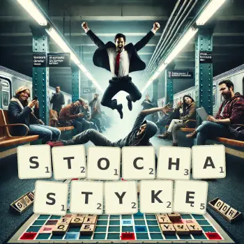 Kreatywna ilustracja do gry w Scrabble ze słowem STOCHASTYKĘ ułożonym z płytek na planszy.