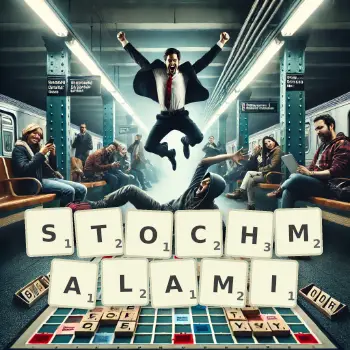 Kreatywna ilustracja do gry w Scrabble ze słowem STOCHMALAMI ułożonym z płytek na planszy.