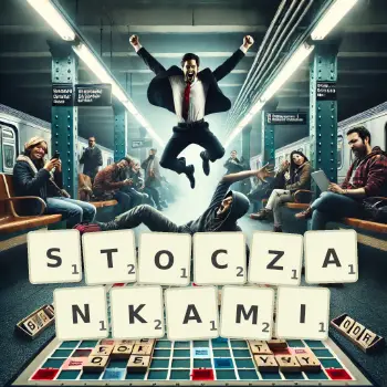 Kreatywna ilustracja do gry w Scrabble ze słowem STOCZANKAMI ułożonym z płytek na planszy.