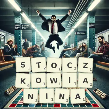 Kreatywna ilustracja do gry w Scrabble ze słowem STOCZKOWIANINA ułożonym z płytek na planszy.