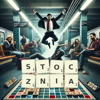 Kreatywna ilustracja do gry w Scrabble ze słowem STOCZNIA ułożonym z płytek na planszy.