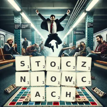 Kreatywna ilustracja do gry w Scrabble ze słowem STOCZNIOWCACH ułożonym z płytek na planszy.