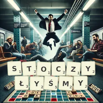 Kreatywna ilustracja do gry w Scrabble ze słowem STOCZYŁYŚMY ułożonym z płytek na planszy.