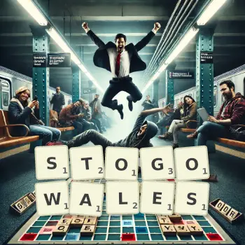 Kreatywna ilustracja do gry w Scrabble ze słowem STOGOWALES ułożonym z płytek na planszy.